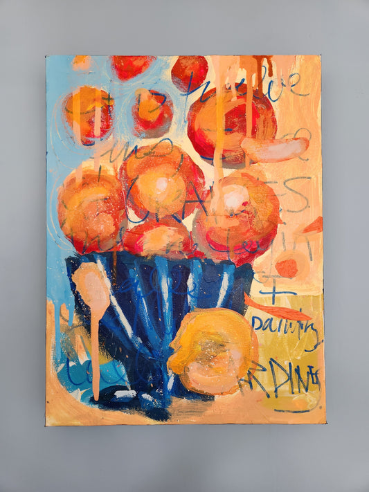 Abstract painting with oranges and handwritten text on a multicolored background